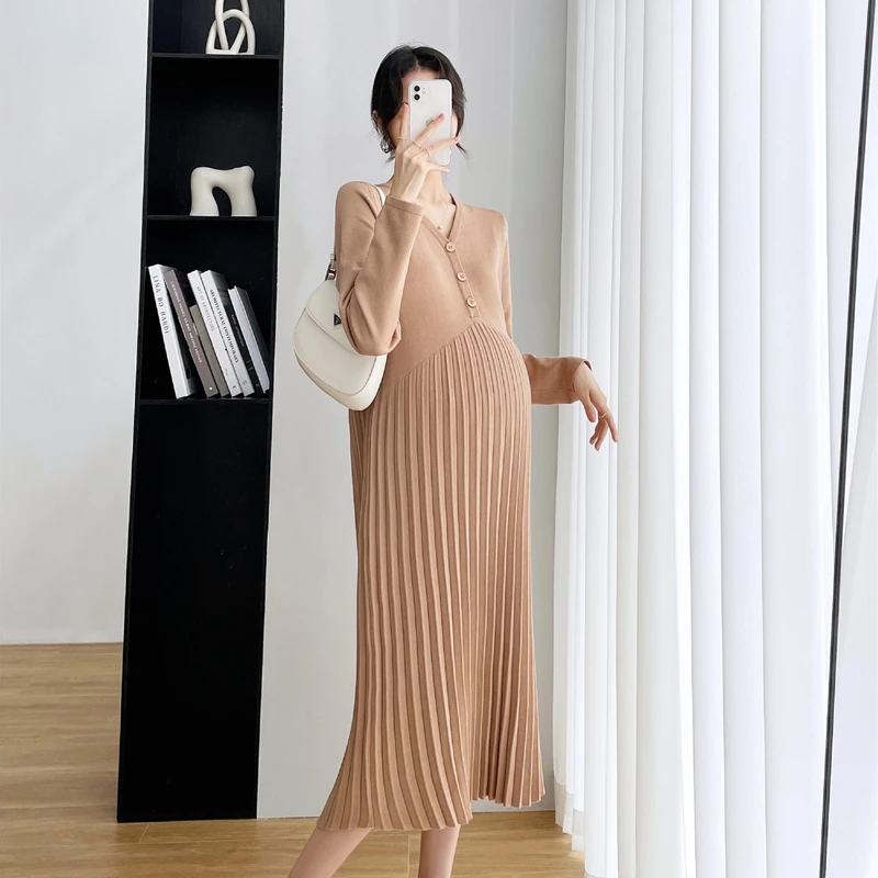 

A398# Autumn Winter Fashion Knitted Maternity Long Dress Chic Ins Elegant A Line Clothes for Pregnant Women Pregnancy Pleated