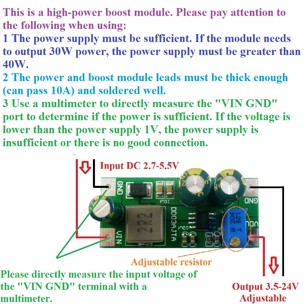 3PCS DD03AJTA 30W DC 3V 3.3V 3.7V to 5V 6V 7.5V 9V 10V 12V 14.8V 24V Step-Up Boost Converter Board for 18650 lithium battery