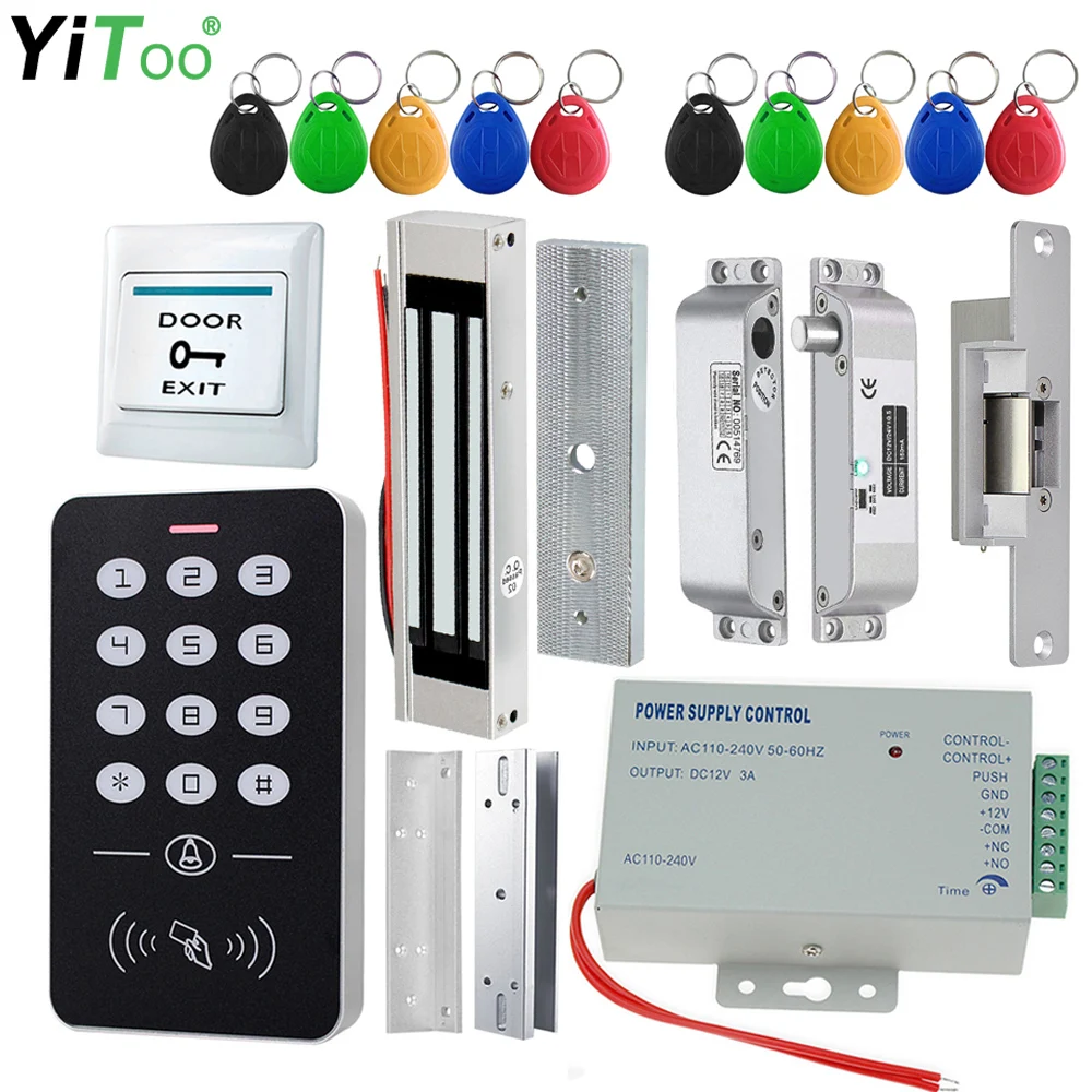 YiToo-Kit de sistema de Control de acceso de puerta, teclado RFID, fuente de alimentación, cerradura magnética eléctrica de 180KG, cerraduras de