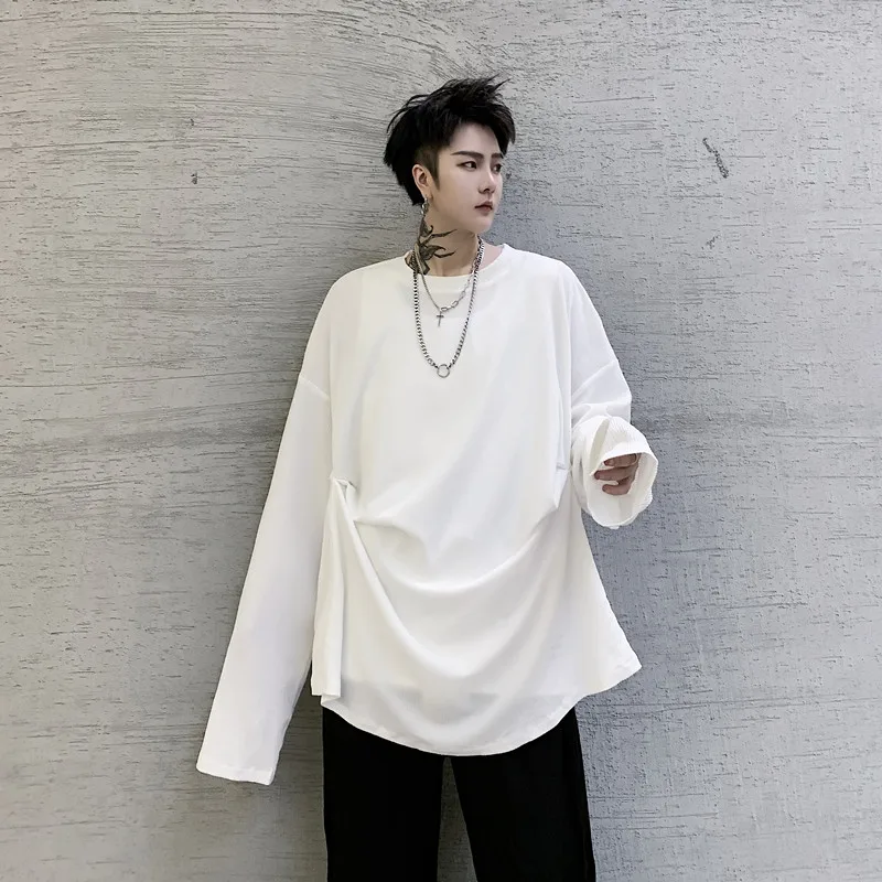 Men's T shirt Spring style long sleeve folding casual loose T-shirt Men's pullover large size men's T hip hop dance hip-hop