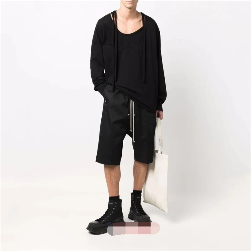 Men\'s Casual Shorts Sports Pants Beach Pants Summer New Black Elastic Waist White Rope Design Slim Straight Leg Shorts