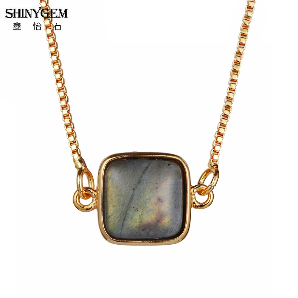

ShinyGem Square Shape 12*12mm Natural Gray Labradorite Necklace Gold Plating Chain Semi-Precious Stone Choker Necklace For Women