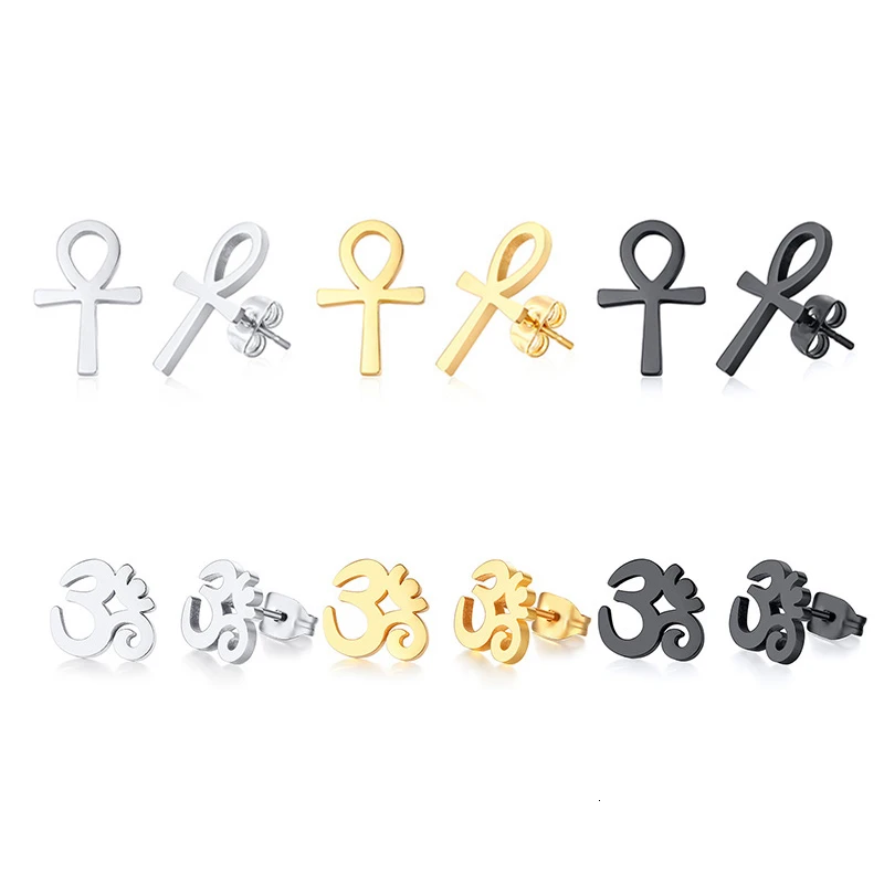 Vnox Mens Ankh Cross Stud Earrings for Women Jewelry Stainless Steel AUM OM Casual Unisex Gifts