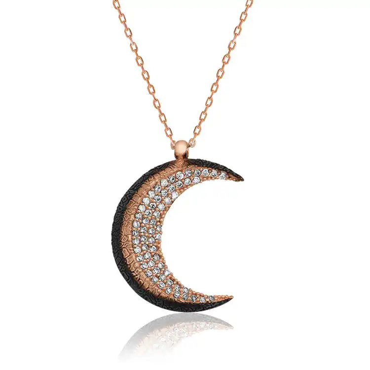 Silver Crescent Moon Women Necklace Zircon Stone Stone 925 Sterling Women Fine Jewelry Wedding Party Birthday Gift - Box - Pendant - Chain Choker - Female - Ladies - Fashion