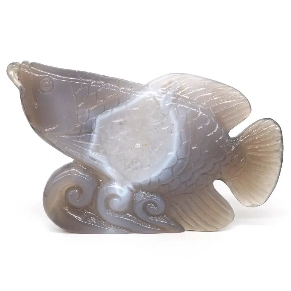 

6.5" Fish Statue Natural Gems Gray Agate Geode Crystal Carved Reiki Healing Stone Animal Figurine Crafts Home Room Decoration