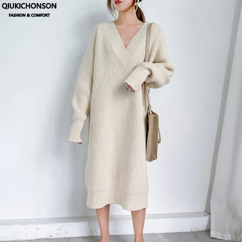 

Oversize Thick Autumn Winter Cashmere Sweater Dress Women 2020 Korean Fashion V Neck High Waist Casual Knitted Long Dress