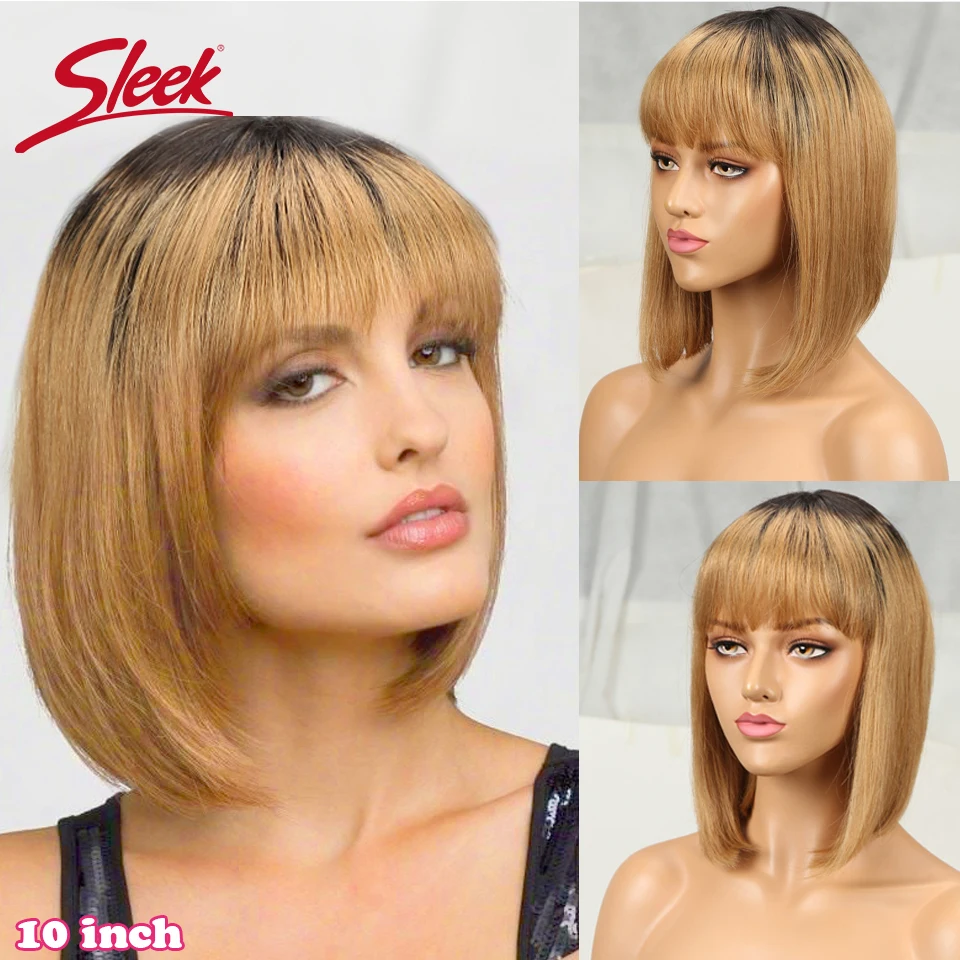 Red 99J Short Bob Wigs With Bang Sleek Brazilian Straight Hair Bob Wigs For Black Women P4/27# Glueless Machine Made Cheap Human