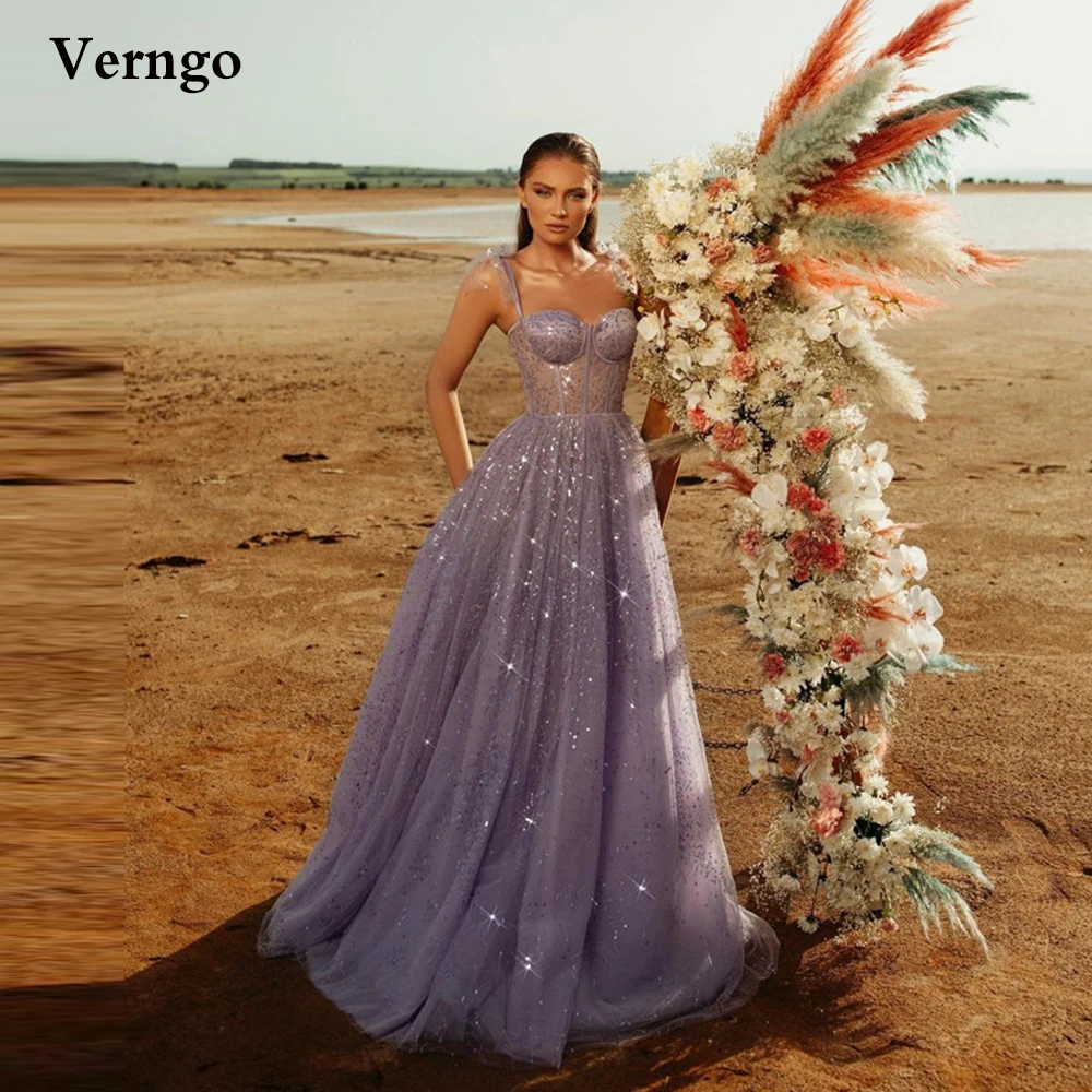 Verngo Elegant Lavender Glitter Long Prom Dresses Straps Tied Sweetheart Corset A Line Evening Gowns 2023 Special Occasion Dress