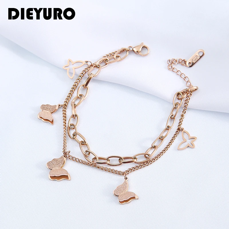 DIEYURO acciaio inossidabile 316L 2 strati ciondolo farfalla dolce bracciale donna Color oro rosa bellissimo regalo di natale squisito