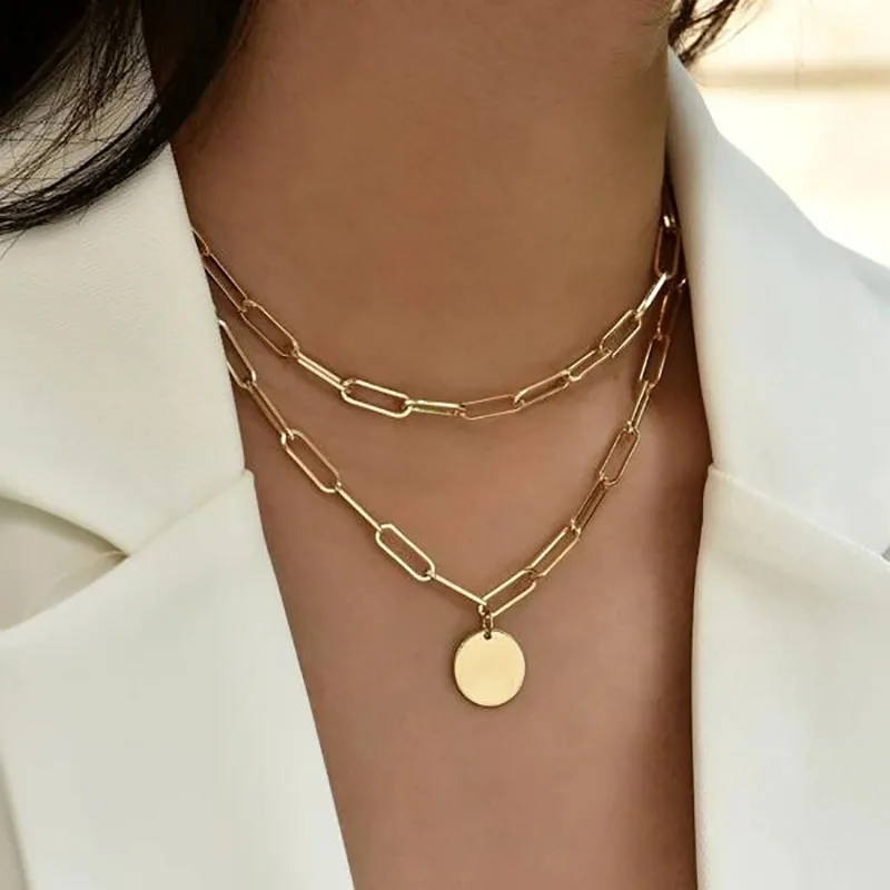 Boho Gold Color Metal Simple Imitation Pearl Round Sequin Moon Butterfly Rose Flower Pendant Necklaces Girls Fashion Jewelry