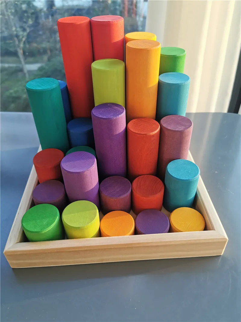 25Pcs Kids Grote Houten Building Rollen Regenboog Blokken Stain Basswood Stapelen Cilinders Educatief Creatief Speelgoed