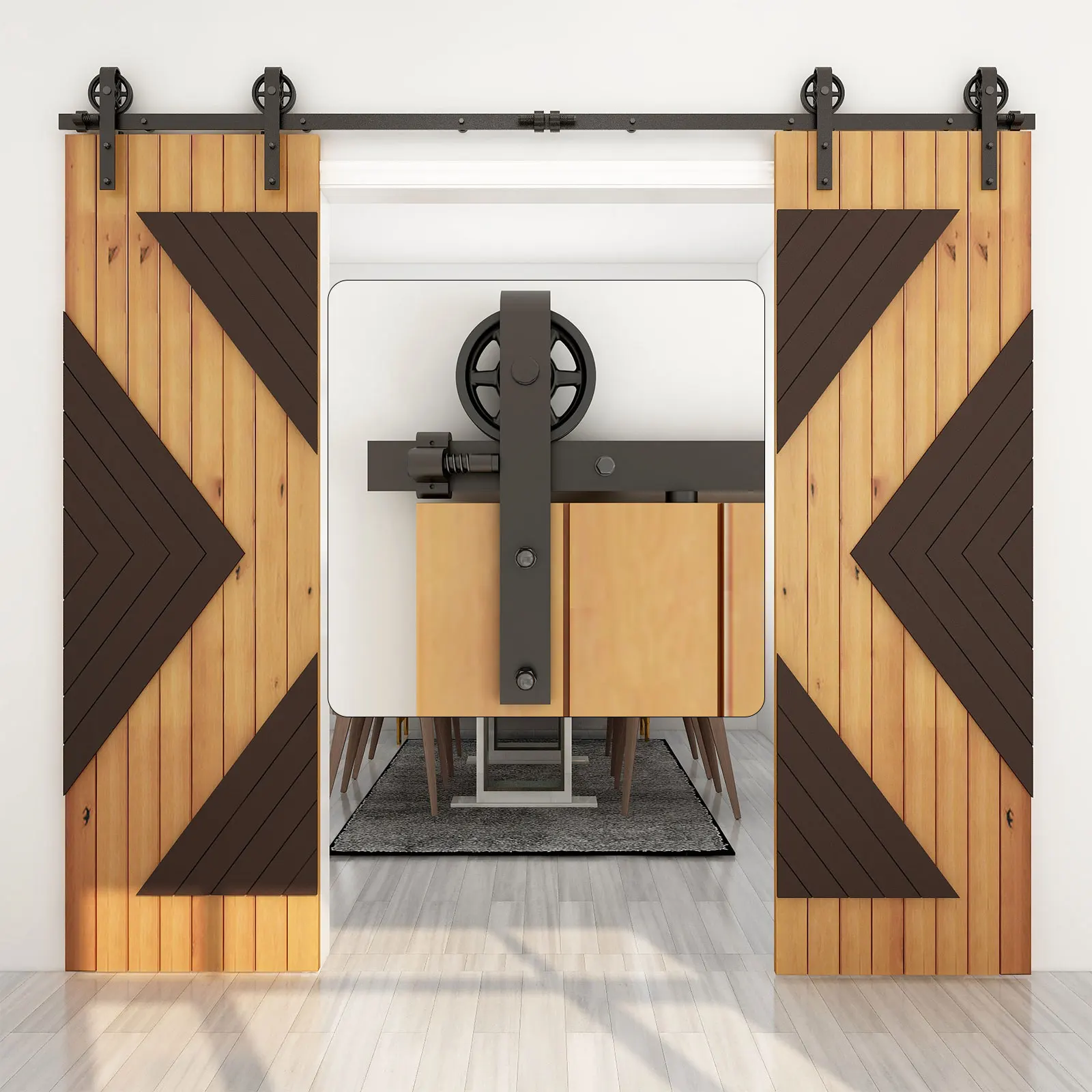 

WOLFBIRD Heavy Duty Sturdy Sliding Barn Door Hardware Kit Suitable for Double Wooden Door Middle Wheel Shape Sliding Door Rail