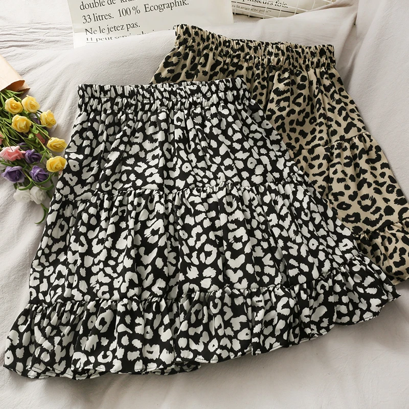 Leopard Print Boho Mini Skirt Women 2021 Summer Elastic Floral Print Ruffle Detail Lady Skirt Sexy Bohemian Boho Buttoms Female