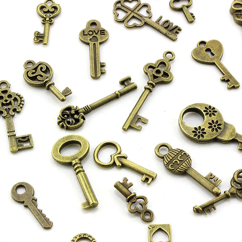 50pcs/lot Vintage Brass Metal Mixed Each Different Key Charms DIY Handmade Jewelry Decoration Key Pendant Charms