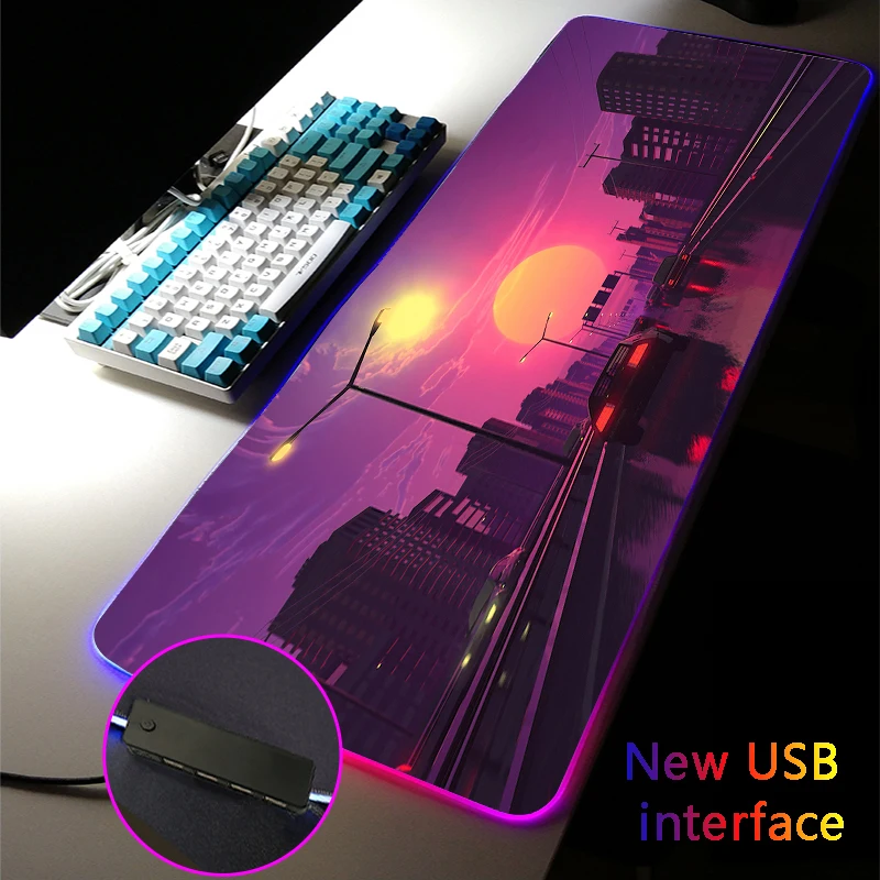 Sunrise Sunset RGB Mouse Pad City Building DeskMat 40*90cm Multi-interface Four USB Docking Dock USB Hub Fantasy Gaming MousePad