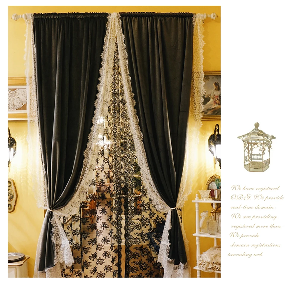 

Original Design INS Luxury Black Velvet Curtain Retro Thick Flannel Lace Shading Cloth Window Screen Curtain Nice Cortina Fabric