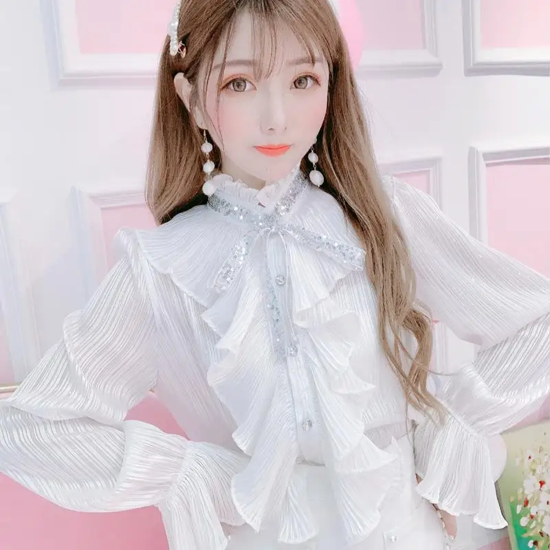 Korean Ruffle Chiffon Gothic Shirt Elegant Sweet Chic Long Puff Sleeve Women Blouse White Tops Stand Collar Clothes Blusas New