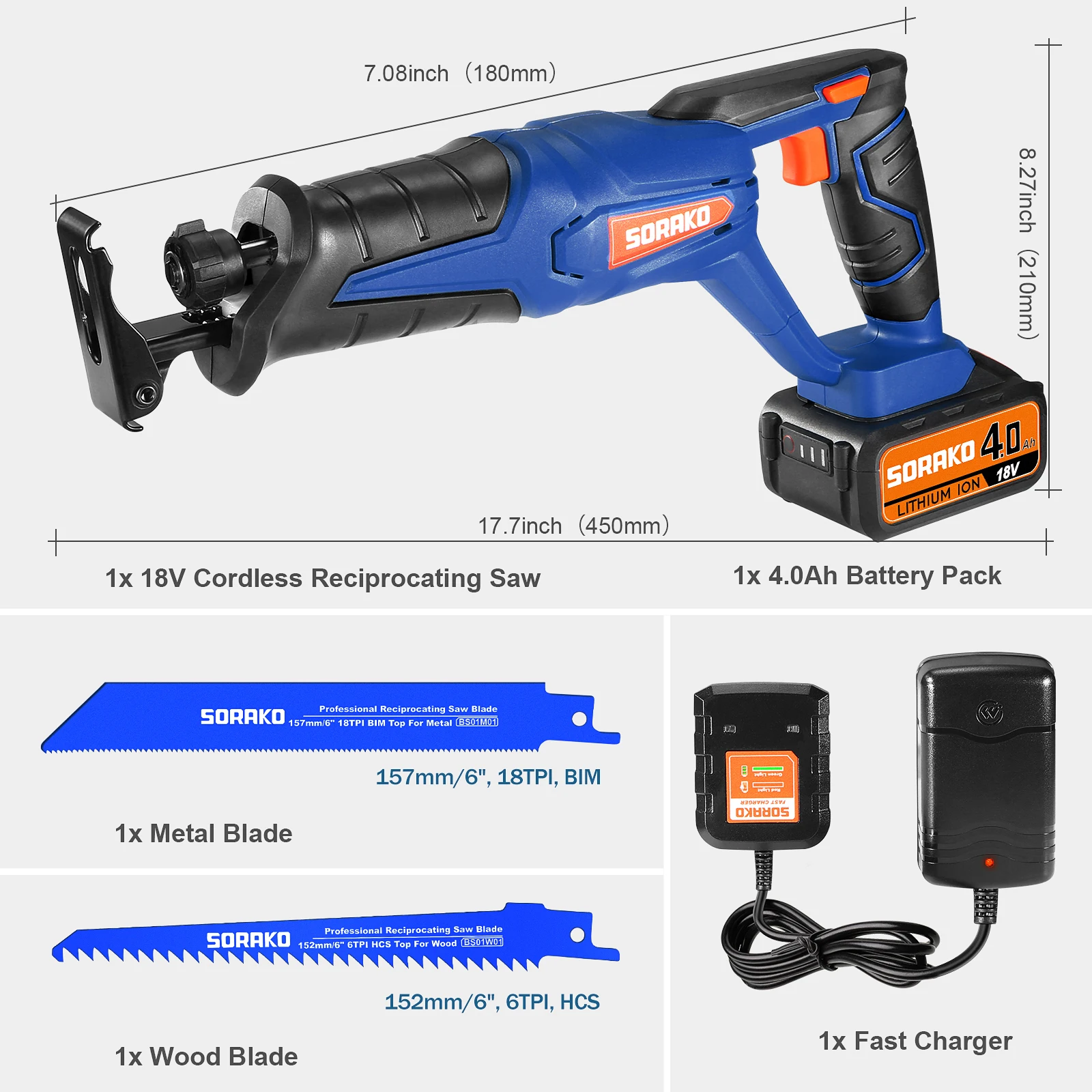 SORAKO 18V 3000SPM 무선 전기 왕복 톱 가변 속도 금속 목재 절단 도구 전기 톱