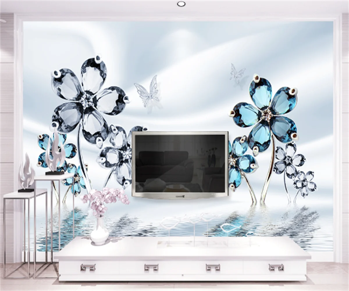 

3D beautiful luxury water flower imitation jewelry TV background wallpaper European and American home decoration custom mural