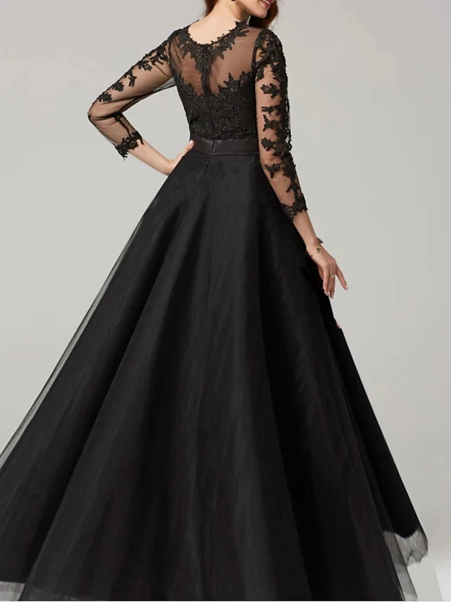 Robe De Soirée noire élégante, Illusion De bijoux, col à manches 3/4, avec des Appliques en dentelle, Robe De bal