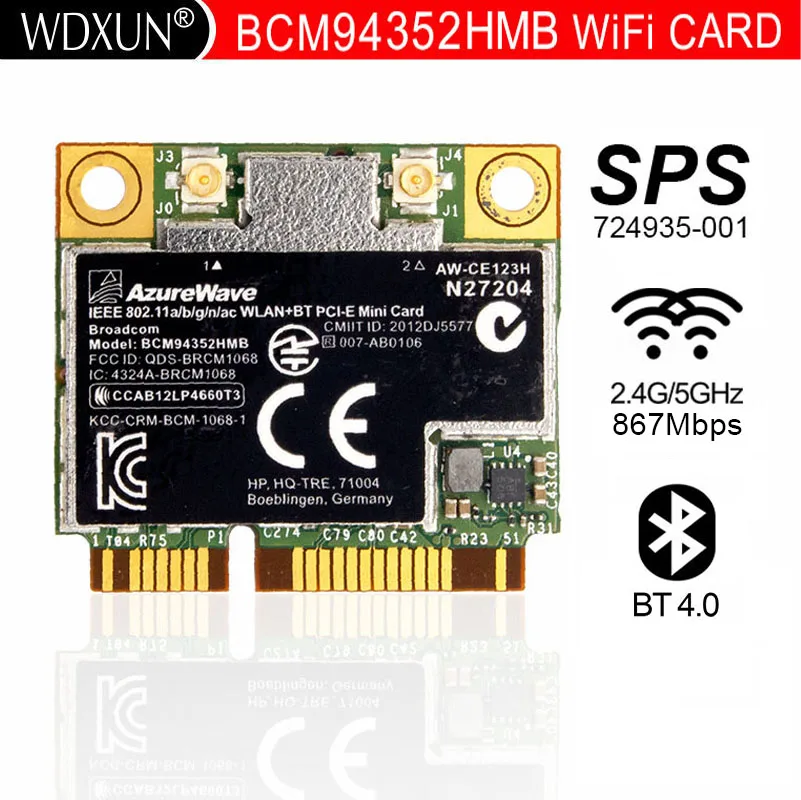 

Broadcom BCM94352 BCM94352HMB Half Mini PCIe PCI-express Wireless WIFI WLAN BT Bluetooth Card 802.11AC 867Mhz for 724935-001