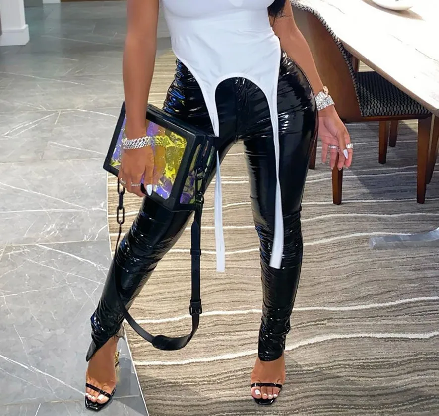 Sexy Black PU Bodycon Women Pants Fashion Streetwear Zipper Split Hem Flare Pants Women 2020