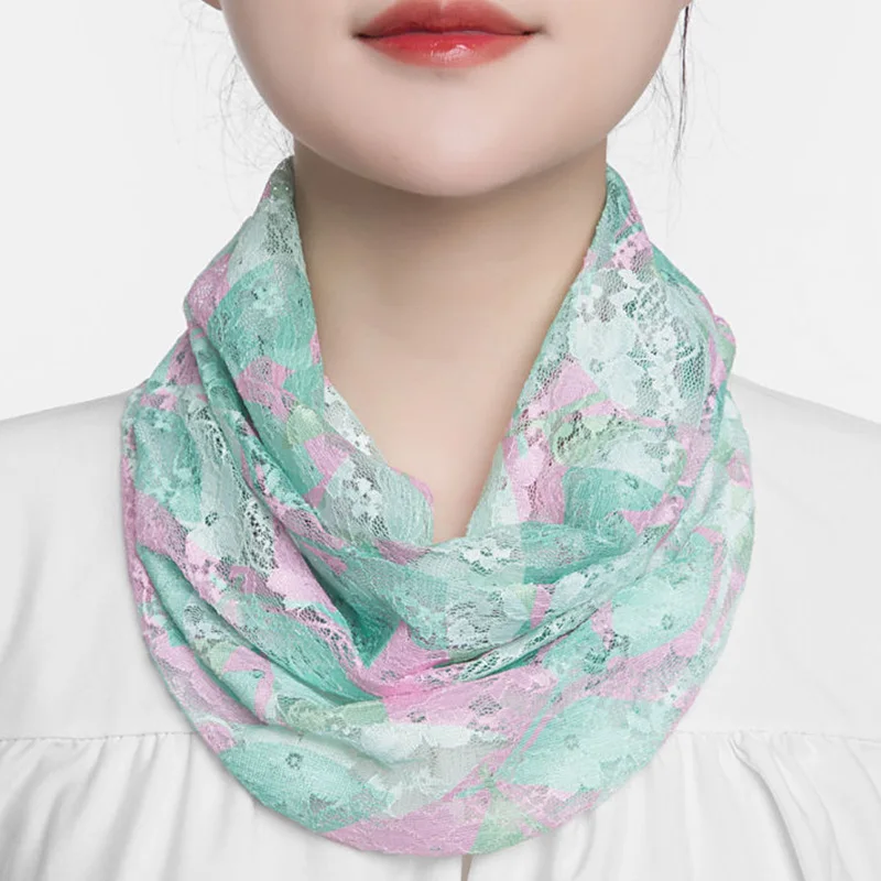 Kobieta lodowy jedwab kwiaty sztyczne kołnierz szyi straży szalik lato ochrony przeciwsłonecznej parasolka Snood Hollow koronki druku wielofunkcyjny szal P46