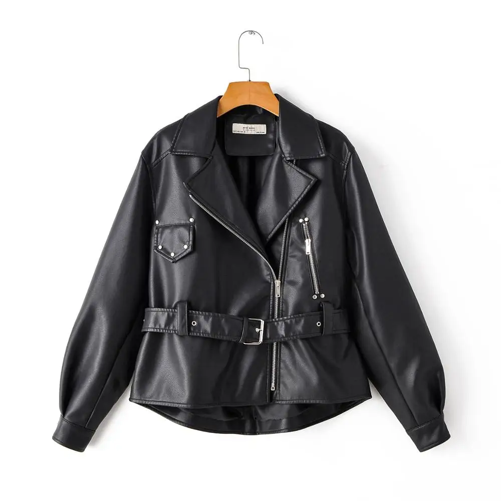 Autumn Women Faux Soft Leather Loose Jacket Coat Turndown Collar Zipper Pu Motorcycle Overcoat Female Rivet Punk Jacket Black