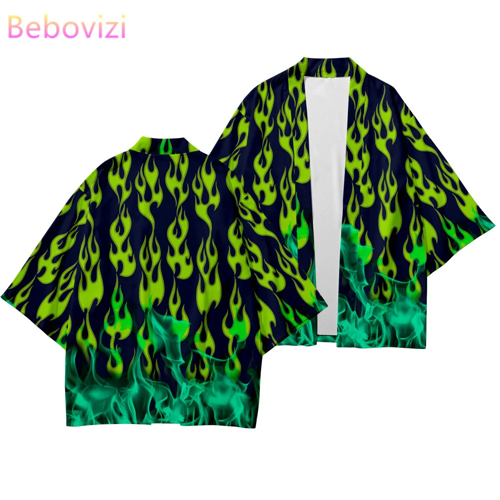 

Plus Size 6XL Green Flame China Harajuku Japanese Style Sets Fashion Kimono Men Women Cardigan Haori Obi Asian Clothes Pant Suit