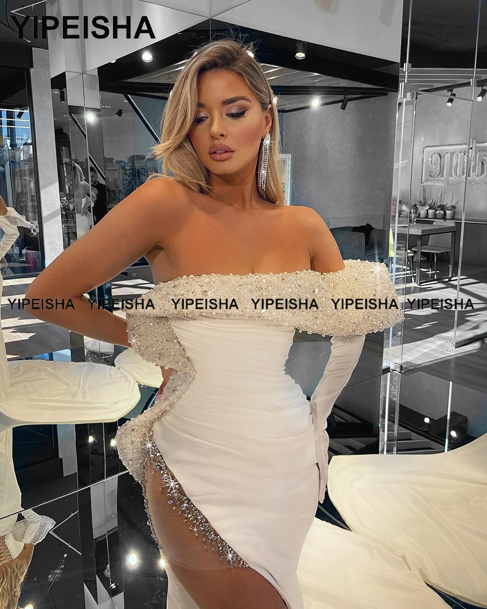 Yipeisha pesadamente frisado preto vestido de noite glitter arábia saudita branco vestido de baile fenda lateral pageant vestidos de festa sereia 2022