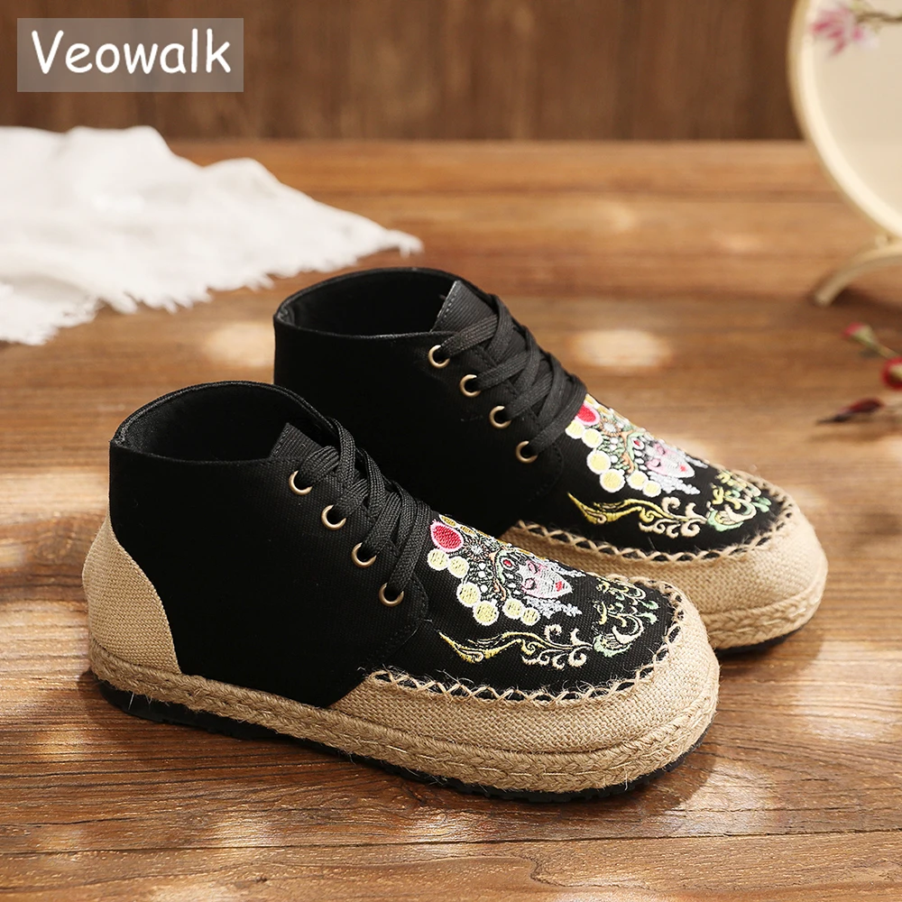 Veowalk Cartoon Embroidery Women Linen Cotton Lace Up Booties Autumn Boots Comfortable High Top Espadrilles Flat Sneakers Shoes