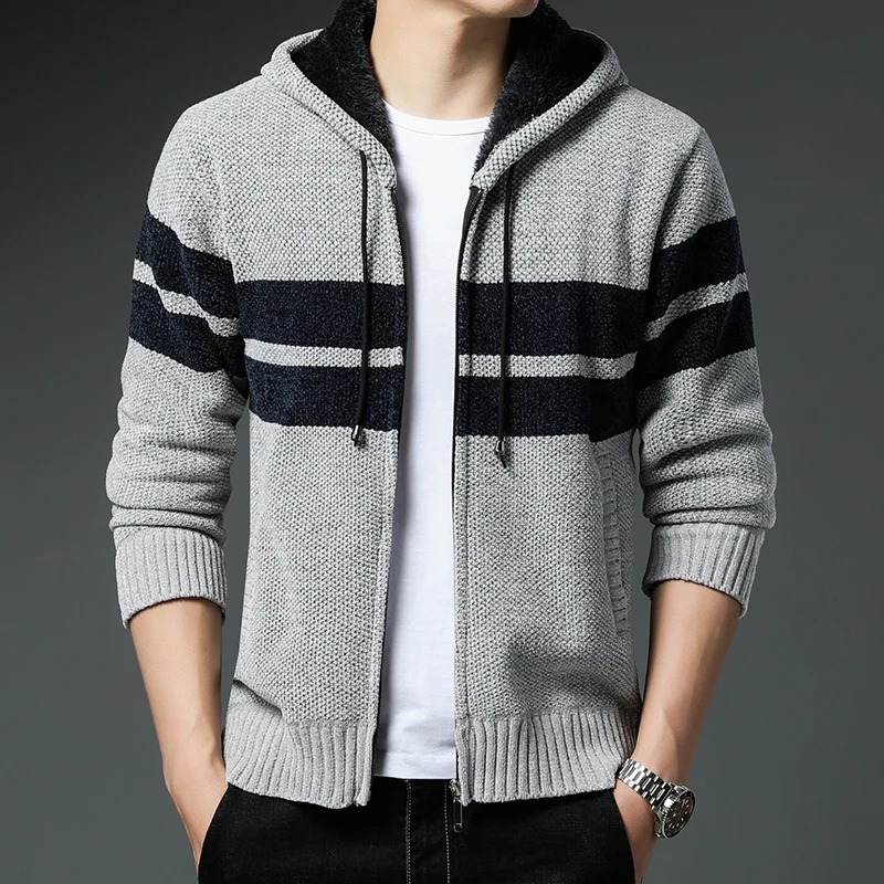 Men\'s Jacket Autumn Winter New Fleece Thick Knit Cardigan Warm Sweaters Coat Korean Hoodies Loose Casual Hooded Striped Sweater