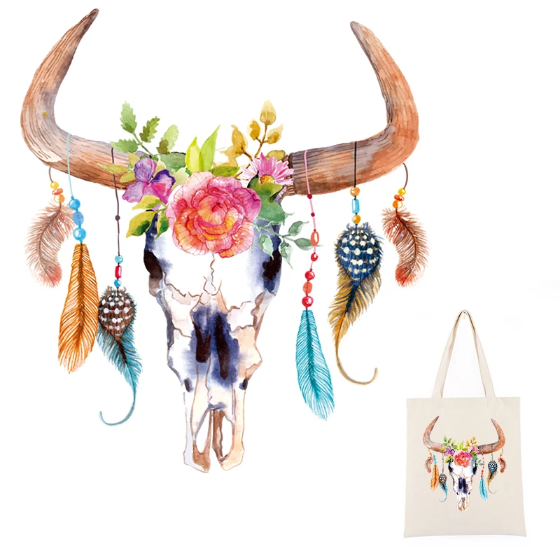 INEW ndian Style Bull Skull Patch Decorative Diy Denim Sticker for Girls Bags Washable Parch Heat Transfer Sticker for T-shirts