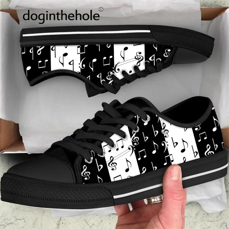 Doginthehole Music Note Print White Low Top Sneakers Women New Fashion Casual Vulcanized Shoe Piano Keys Classic Canvas Shoes