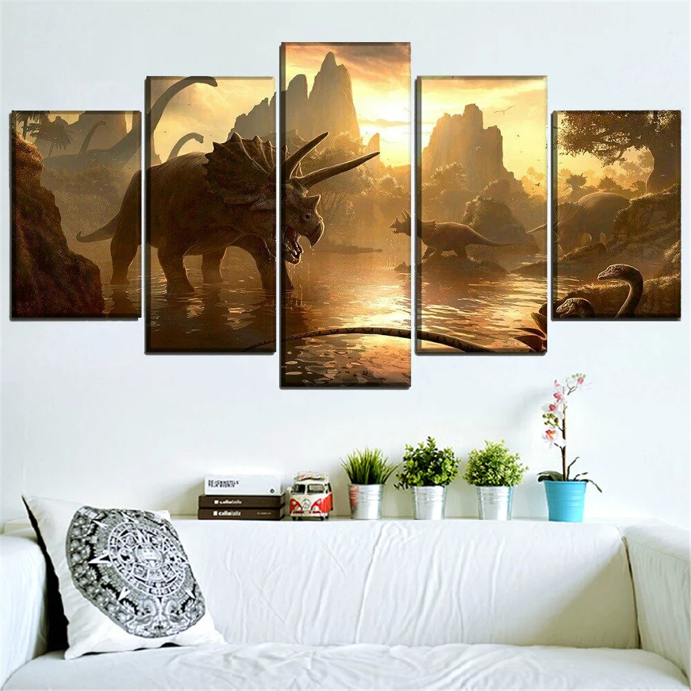 

5 Pieces Wall Paintings Canvas Art Cretaceous Dinosaur Prints Animal Modular Pictures Home Living Room Decoration Posters