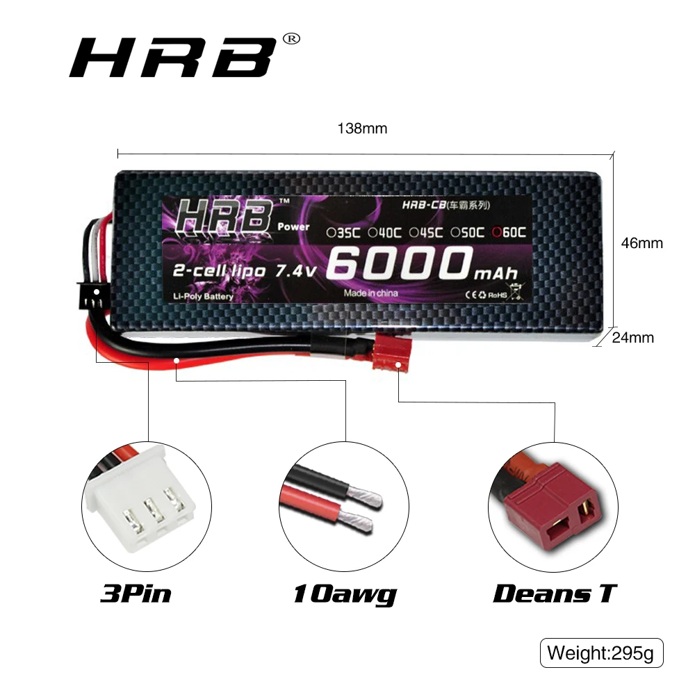 HRB 2S 3S 4S 5S 6S Lipo Battery 1300mah 2200mah 3300mah 4000mah 5000mah 6000mah Lipo with Deans XT60 for RC Car Airplane Boat