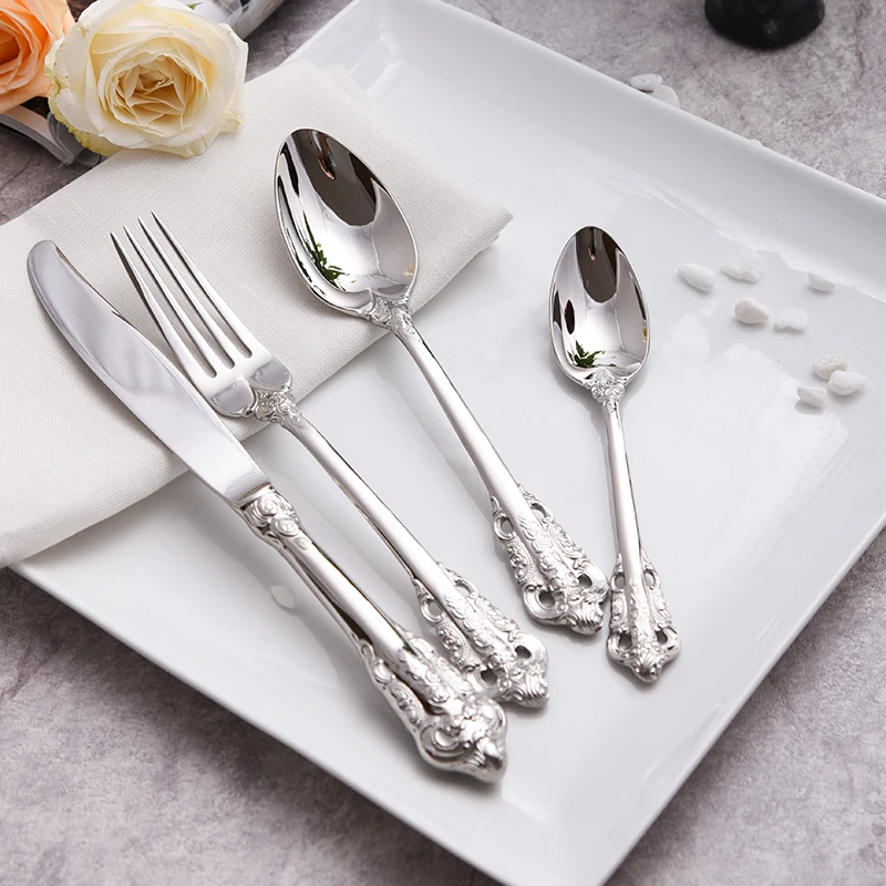 18/10 Stainless Steel European Classic Style Dinnerware Flower Engraving Handle Silverware 24pcs Vintage Silver Cutlery Set