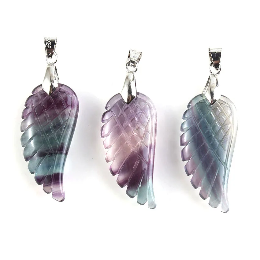 KFT Silver Plated Vintage Natural Fluorite Stone Freedom Angel Wing Pendant 35mm Fashion Women Men  Jewelry