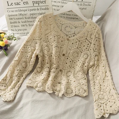 Korean Style Loose Hollow Lace Shirt for Female, Kpop Tumblr, Thin Sleeve Top, Crochet Design, New Arrival,Autumn