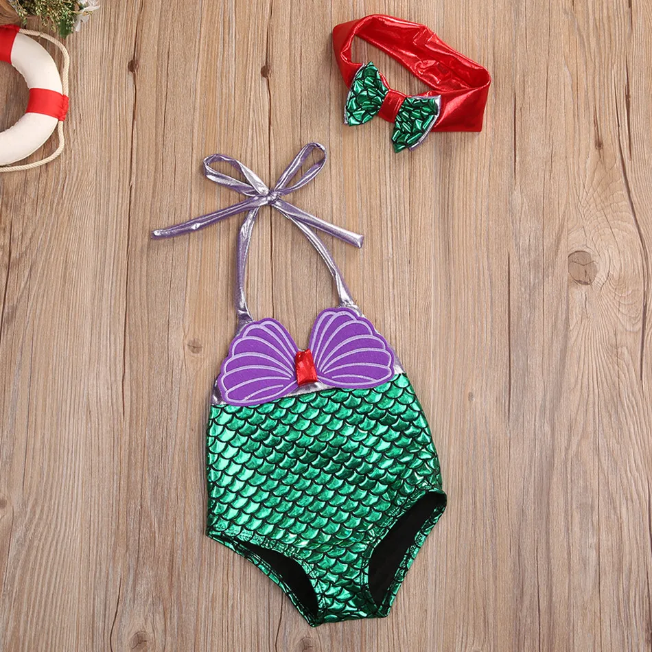 0-8Y Kids Swimwear Girls Mermaid Tail Bikini Sets Shellfish Scale Mermaid Print Lace-up Swimwear Summer Beachwear Clothes 2pcs