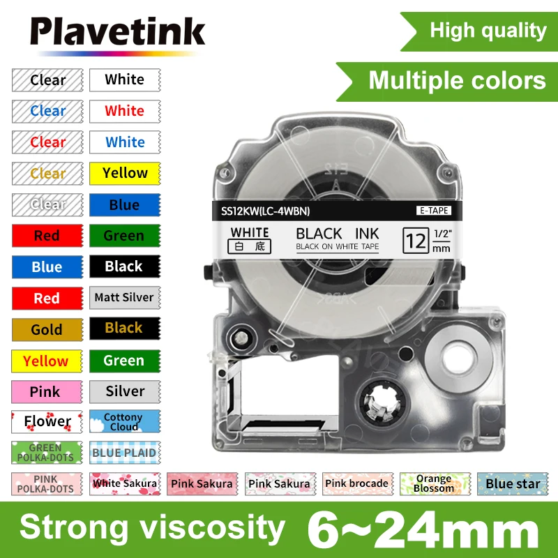 Plavetink Label Tapes SS12KW Compatible for Epson Lw400 LK-4WBN Cartridges Label Works LW-300 400 500 600P 700 Label Maker