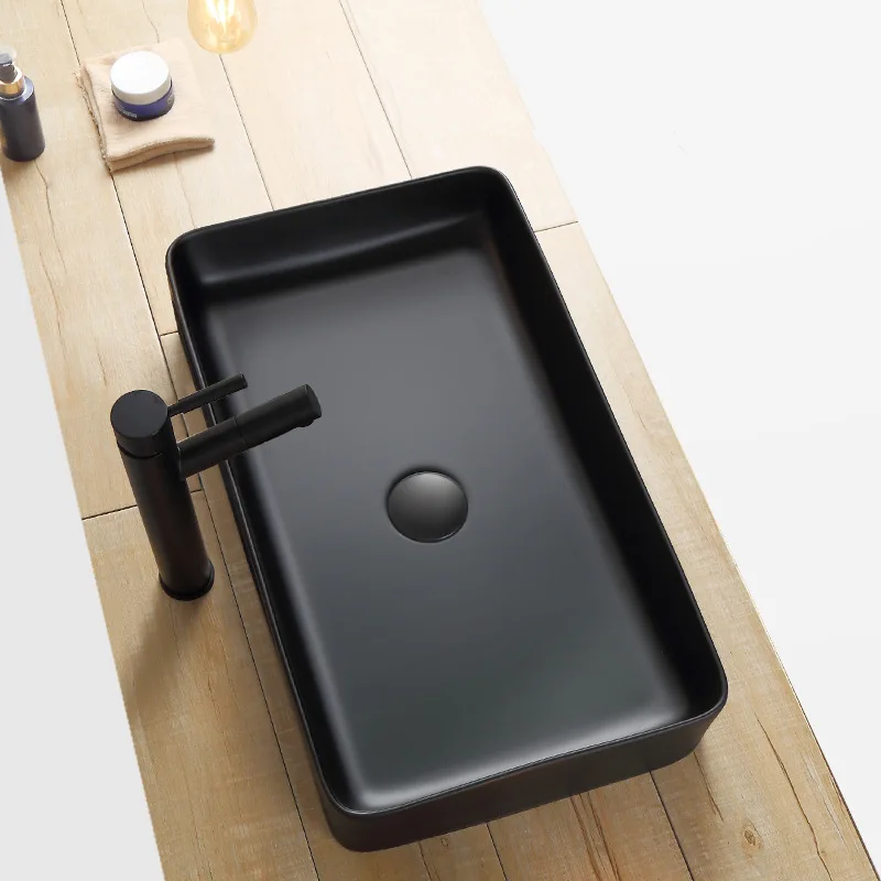 

Modern Matte Black Washbasin with Drainers Rectangular /Round Tabletop Basin Ceramic Bathroom Sink Household Products Art Vessel