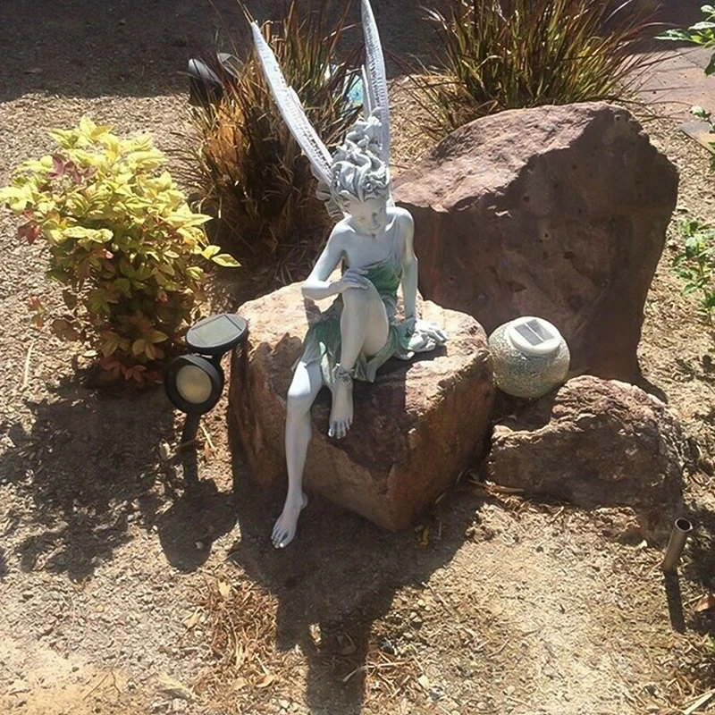 Resin Flower Fairy Statue Sitting Art Sculpture Figurines Angel Wings Garden Ornament Craft Landscaping Home Decoration Outdoor