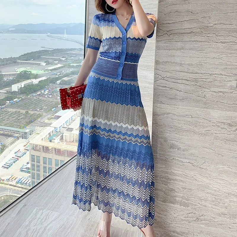 Comelsexy 2024 New Fashion Summer Suit Women Designer Short Sleeve Knit Top And Striped Skirt 2 Piece Set Lady Casual Outfits