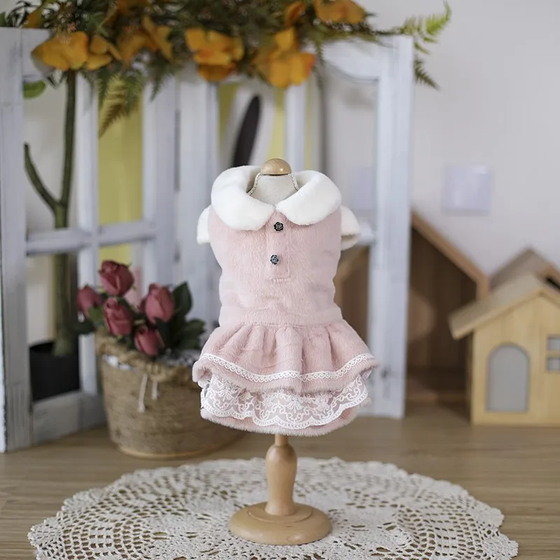 Handmade Winter Dog Clothes Coat Dress Pet Jacket Cute Pink Soft Warm Light Short Floss Lace Skirt Parkas Festival Holiday