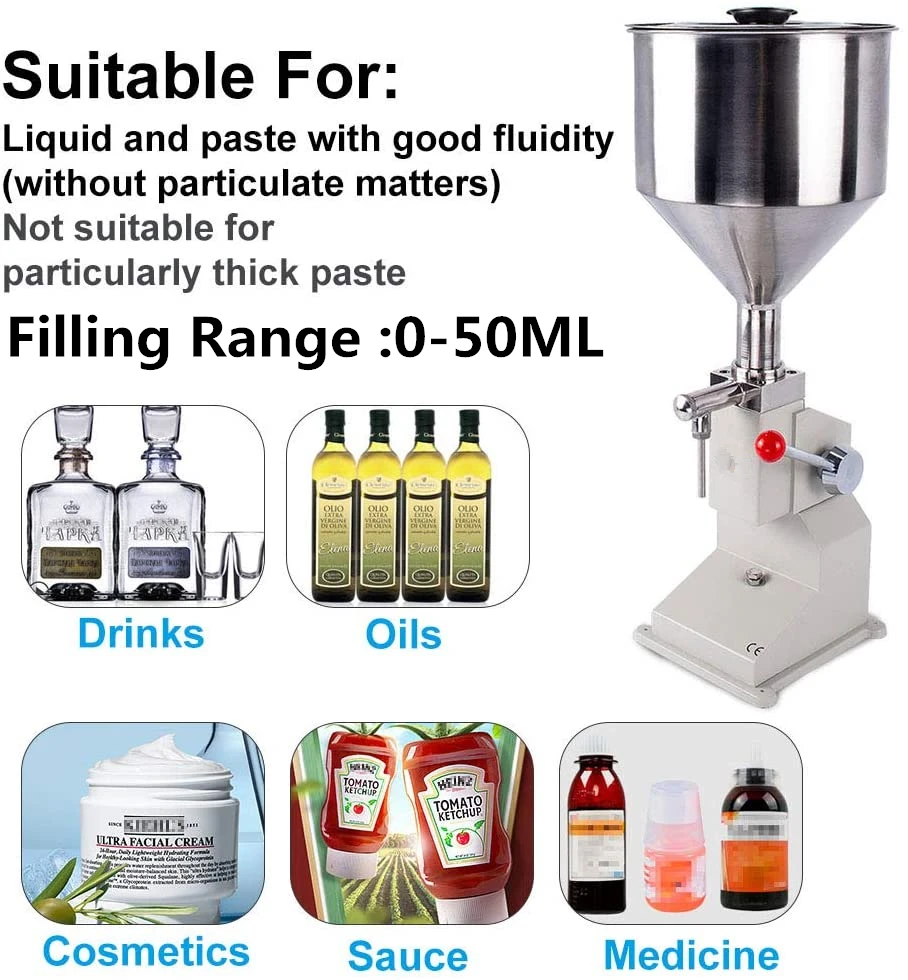 A03 Manual Liquid Paste Filling Machine Nail Polish Shampoo Cosmetic Cream Oil Bottle Filler Adjustment 5-50ML With 10L Hopper