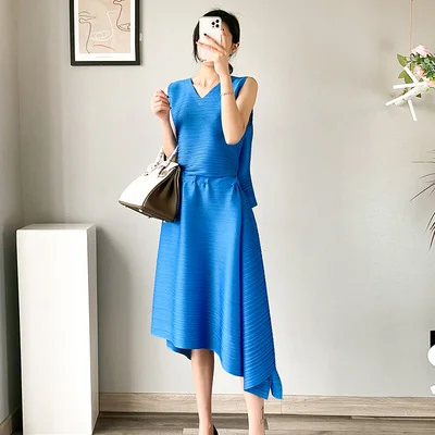 

HOT SELLING Miyake The dress fashion v-neck sleeveless solid Backless irregular dress IN STOCK