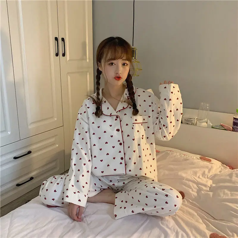 Pajama Sets Spring Autumn Basic Soft Kawaii Print Ulzzang Fashion Ladies Sleepwear College Oversize Popular Femme Homewear Chic