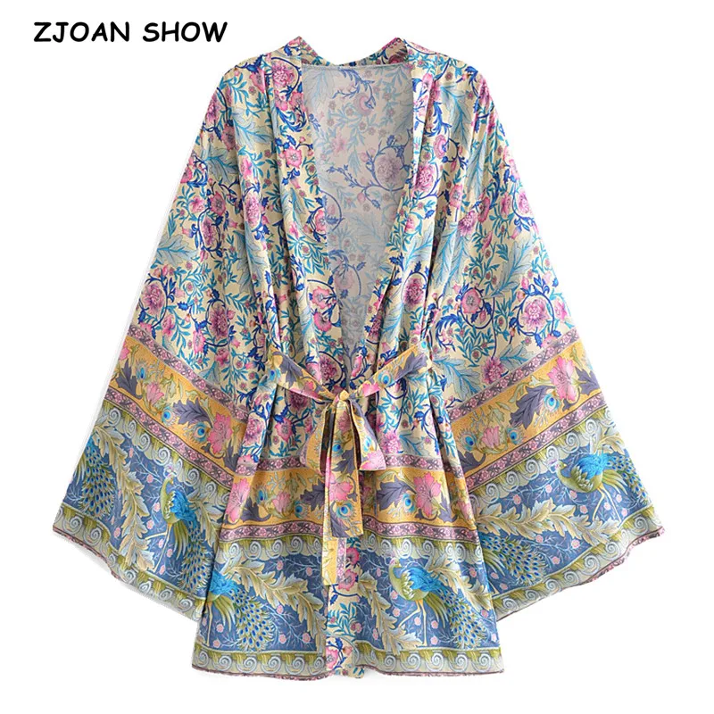 2021 Bohemia Women Peacock Bird Flower Print Kimono Shirt Holiday Beach Tie Bow Sashes Mid Long Cardigan Summer Blouse BOHO Tops