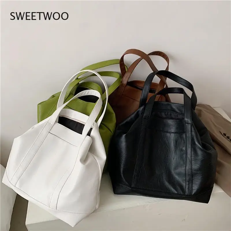 Women Large Soft Tote Bag Faux Leather Shoulder Bag Green White Brown Summer 2021